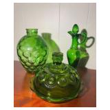 Green Glass Vase, Cruet & Covered Dish