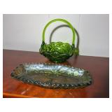 Green Glass Tray & Basket