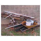 Wheelbarrow, Buckets, Wood etc