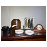 Mantle Clock, Ashtrays, Bottle Opener etc