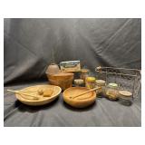 WOODEN BOWLS OLD JARS OIL CAN WIRE BASKET