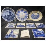 BLUE AND WHITE PLATES AND HOT PLATE COASTERS