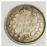 Silver 1918 Canada 5 Cent Coin