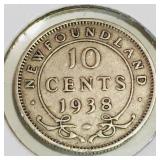 Silver 1938 Newfoundland 10 Cent Coin