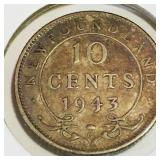 Silver 1943 Newfoundland 10 Cent Coin