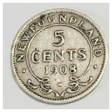 Silver 1908 Newfoundland 5 Cent Coin