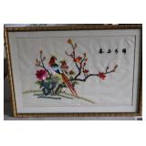 Asian Silk Needle Point Bird Artwork 24"X 17"