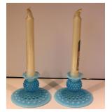 Fenton Hobnail Blue Opalescent Candle Holders