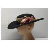 Whittall & Shon 100% Wool black hat with flowers