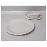 WHITE STONEWARE PLATTER AND GRAVY BOAT