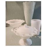 Milk Glass Hobnail Vase Candy Dish Lot