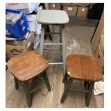 Lot - (3) Wooden Stools - 1 Standard, 2 Shorties