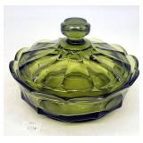 Fostoria Green Coin Glass Round Candy Box w Lid