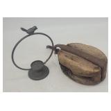 Antique Bird Themed Candle Holder, Wooden Pulley