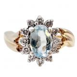 Aquamarine & Diamond Halo Ring 14k Gold