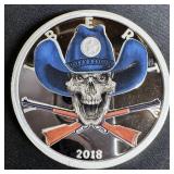 2018- 5 oz Fine Silver Western Skull Sheriff Round