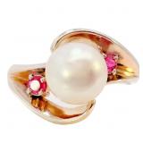 Cultured White Pearl & Ruby Dinner Ring 14k Gold