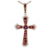 Pink Topaz & Diamond Cross Pendant 14k Gold