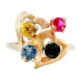 Vintage Multi-Gemstone Textured Heart Ring 14k