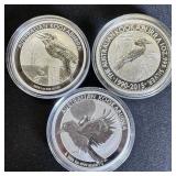 (3) 1oz Fine Silver Australian Kookaburra Coins