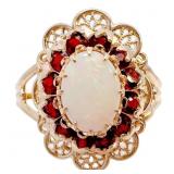 Opal & Garnet Halo Filigree Ring 10k Gold