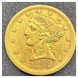 RARE YEAR 1852-D $5 Gold Liberty Half Eagle