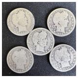 (5) Barber Silver Quarters - Assorted Year