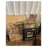 Lot of 3 pieces of artwork, 1 is a large canvas 35
