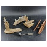 Lot with drift wood figurines, outrigger canoe, 19