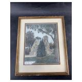 Double matted and framed watercolor of a chapel, 1