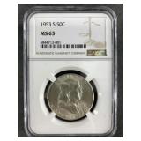 1953 S Franklin silver half dollar MS63 NGC