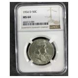 1954 D Franklin silver half dollar MS64 NGC