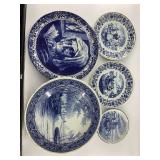 Collection of five blue willow plates made in Belg