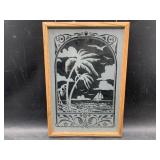 Frosted glass window with Pacific Island scenes in