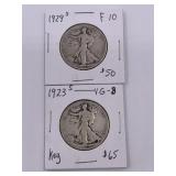 2 Walking Liberty silver halves 1923 S, 1929 S