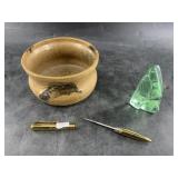 Lot of 3: Pottery bowl, a glass Aztec warrior