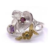 Sterling silver floral ring with amethyst and garn