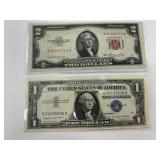 Lot of 2:  1953  $2 red seal note and 1957 A silve