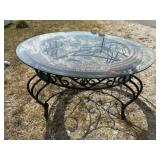LARGE WICKER AND IRON ROUND COCKTAIL TABLE