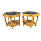 2 MODERN CHERRY HECTOGON GLASS TOP TABLES