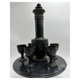 MARBLE DECANTER SET ON STAND: IN GOOD SHAPE AND