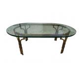 BRASS AND GLASS FAUX BAMBOO OVAL COFFEE TABLE