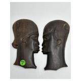 LOT OF 2 CARVED MAN AND WOMAN HEADS FACES