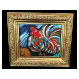 ACRYLIC ROOSTER PAINTING IN GOLD GILT ORNATE FRAME