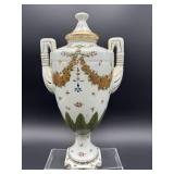 ANTIQUE HAND PAINTED PORCELAIN URN WITH LID