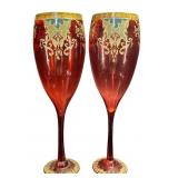 PR OF CRANBERRY ORNATE GOLD OVERSIZE STEM VASES