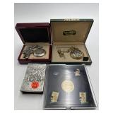 4 PC LOT OF QUARTZ POCKET WATCHES, OLYMPIC PINS,