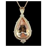 14K NATURAL MORGANITE AND DIAMOND PENDANT & CHAIN