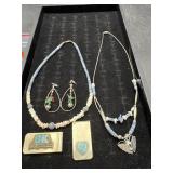 5 PC SILVER AND STONE NECKLACE, EARRINGS LOT W/