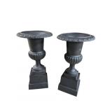 2 EXTRA LARGE CAST IRON URNS ON PEDESTALS